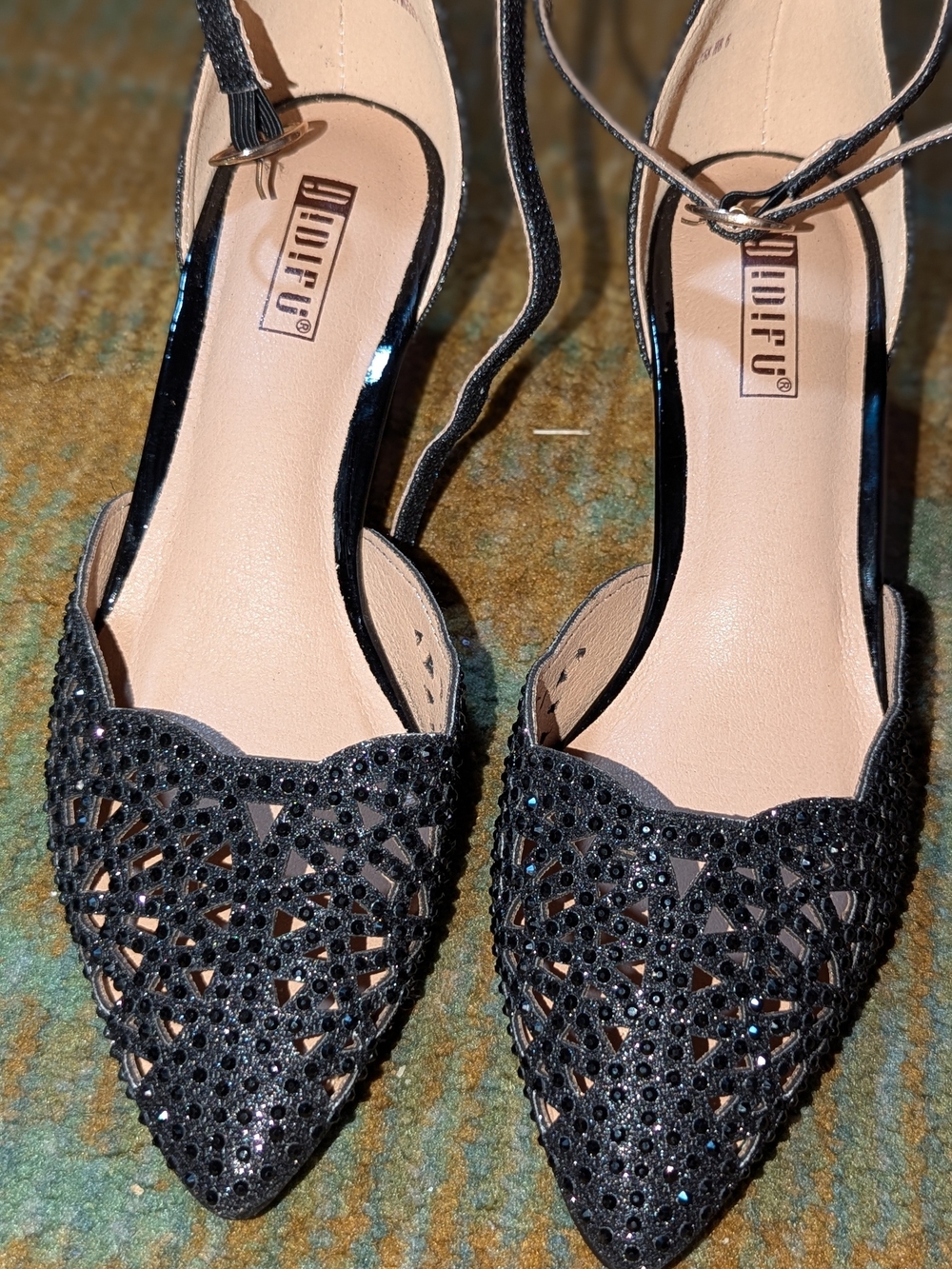IDIFU Black Crystal Cutout Pointed-Toe Ankle-Strap Heels